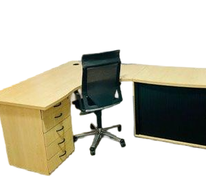 Beachwood Corner Desk with drawers + credenza . black roller door .  Credenza included . Sizes 210 x 160 x 750cm