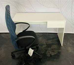 Study Desk and Chair. White study desk and pullout drawer. Modesty panel included. Ergonomic chair with full lumber support. Adjustable and reclinable Geo cloud. 30 Available.