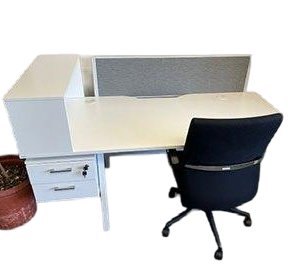 White cluster desk. Pedestal included with lock and key.Chrome handles. Minibookshelf. Grey divider. Size 1.8 x 0.8m 50 Available