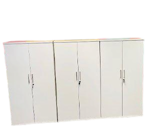 White swing door cabinets. cHROME HANDLES , 3SHELVES , 4TIER.22MM THICK TOP AND BOTTOM. LOCK AND KEY OPTIONAL.PRISTINE CONDITION.SIZE 1500 X 800MM, D390MM. 30 AVAILABLE.