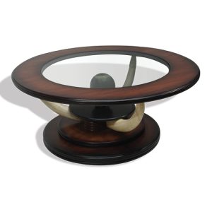 Satao Round Tusk Coffee Table,Round Top Faux Tusks (resin mold) Solid wooden base Hand crafted African style Centre Glass Crown mahogany venee