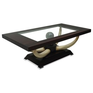 Satao Tusk Coffee Table,Rectangular Top Faux Tusks (resin mold) Solid wooden base Hand crafted African style Centre Glass Crown mahogany veneer