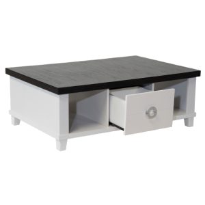 Schuman Coffee Table,A modern, yet elegant Schuman Coffee Table with a side drawer finished off with chrome handles and white exteriors. The Schuman Coffee Table is built with veneer wood.  Two-Tone – White base and Dark finished top 1 Drawer