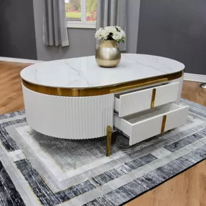 Milano Coffee Table,4 x Drawers White with Gold Finish  Marble Finish Top Slated Details