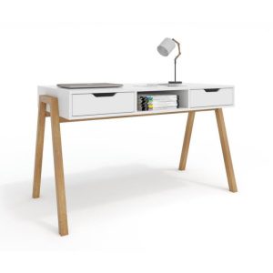 Sky Desk - 1350L x 700D Desk 16m white duco top with 2 drawers & Open centre - SOLID OAK LEGS