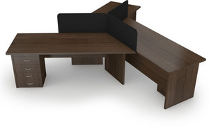 Allice 3 Way 1600 x 2030mm Cluster Desk with 4 drawer pedestal & pencil tray in mahogany melamine