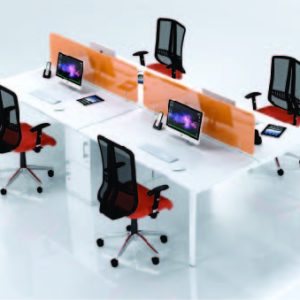 4 WAY DESK,4 X 1600 X 800(D) – 22MM TOPS INCLUDES 2 X WIRE BASKETS AND 4 POWER SLOTS, STRAIGHT LEG STRUCTURE & BEAMS